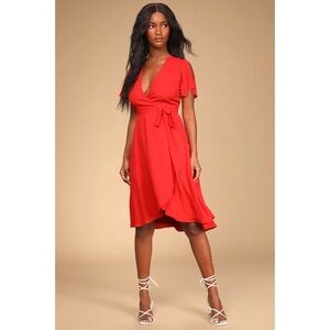 Lulu’s Rise to the Occasion Bright Red Midi Wrap Dress